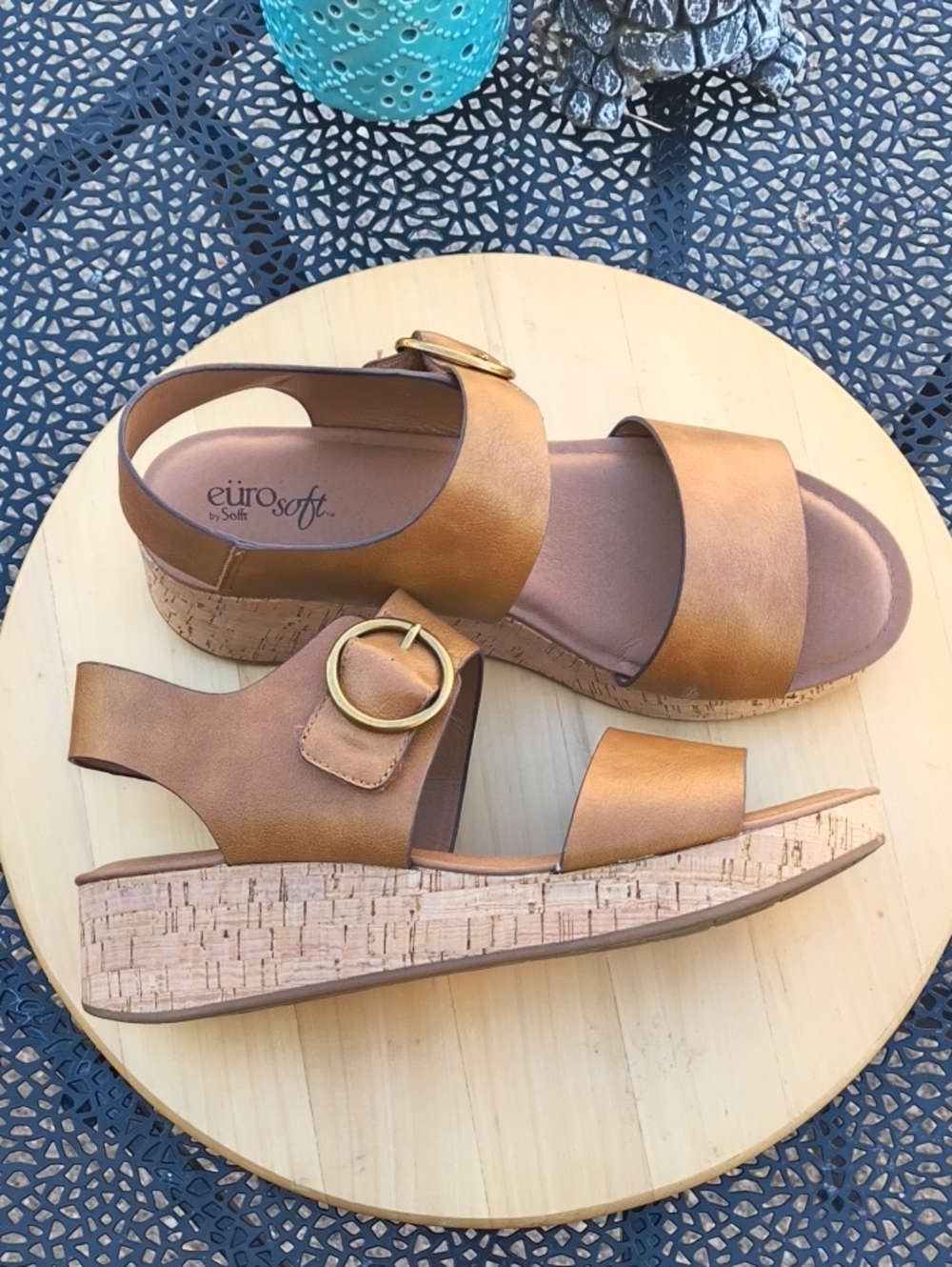 Eurosoft Tan Cork Wedge Sandals with Decorative Gold Buckle Size 11